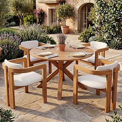 Eazegath 5-Piece Outdoor Wood Round Dining Table Set with 4 Barrel Armchairs and Fixed Cushions