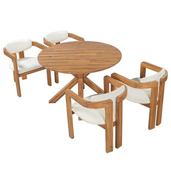 Eazegath 5 pc Outdoor Wood Round Dining Table Set with 4 Barrel Armchairs and Fixed Cushions