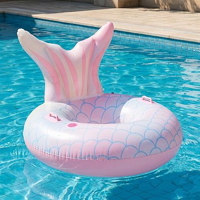 Inflatable Mermaid Tail Pool Float Ring with Backrest Handles Durable PVC Water Float