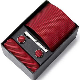 Men's Striped Tie Gift Set Necktie Pocket Square Cufflinks Tie Clip Formal Accessory Set