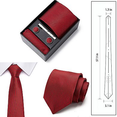 Men's Striped Tie Gift Set Necktie Pocket Square Cufflinks Tie Clip Formal Accessory Set