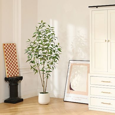 VeriNatural Artificial Eucalyptus Tree with White pLastic Pot, Pre Potted faux Tree for Home Decor
