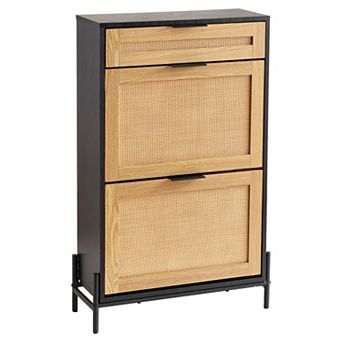 Rattan Slim Shoe Cabinet with 2 Flip Drawers & 1 Slide Drawer, for Entryway & Hallway