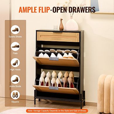 Rattan Slim Shoe Cabinet with 2 Flip Drawers & 1 Slide Drawer, for Entryway & Hallway