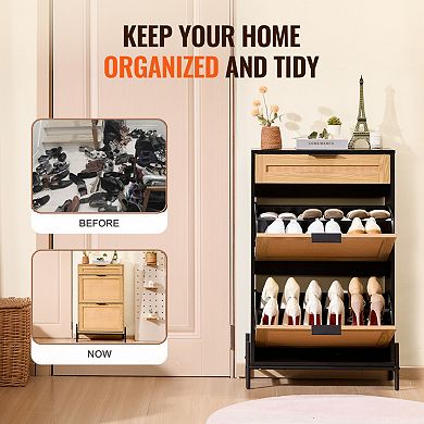 Rattan Slim Shoe Cabinet with 2 Flip Drawers & 1 Slide Drawer, for Entryway & Hallway