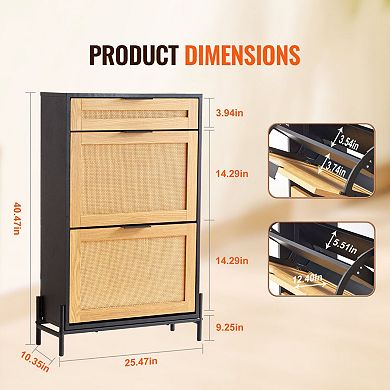 Rattan Slim Shoe Cabinet with 2 Flip Drawers & 1 Slide Drawer, for Entryway & Hallway