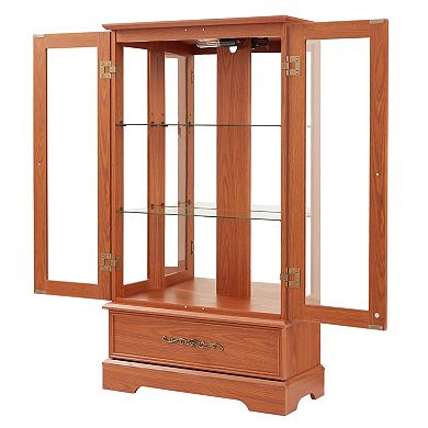Eazegath Lighted Antique Glass Curio Display Storage Cabinet Sideboard with Bulb and Drawer