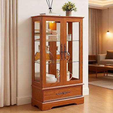 Eazegath Lighted Antique Glass Curio Display Storage Cabinet Sideboard with Bulb and Drawer