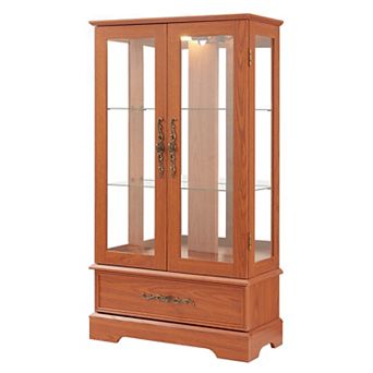 Eazegath Lighted Antique Glass Curio Display Storage Cabinet Sideboard with Bulb and Drawer