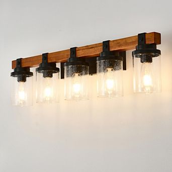 KWPZQEB Modern Matte Black And Wooden Wall Lamps With Glass Shades for Bathroom(No Bulbs)