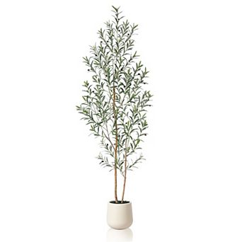 Artificial Olive Tree with White Planter and Natural Wood Trunk
