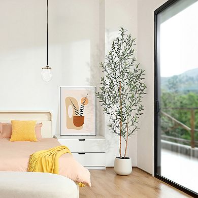 Artificial Olive Tree with White Planter and Natural Wood Trunk