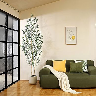 Artificial Olive Tree with White Planter and Natural Wood Trunk