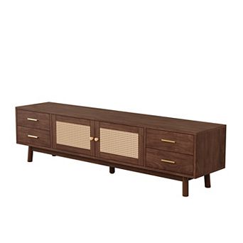 KWPZQEB 70.87" TV Stand w/ 2 Rattan Doors, Media Console w/ 4 Drawers & Cable Holes for Living Room