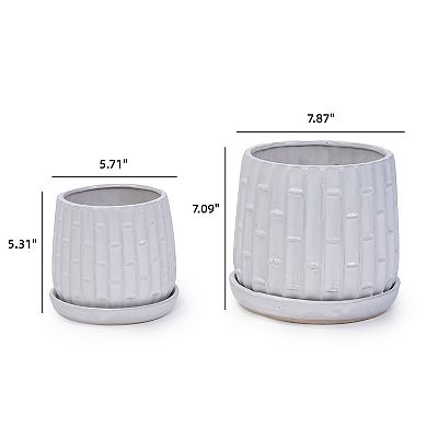 KWPZQEB Bamboo-like Pattern Handmade Glazed Ceramic Planter Set of 2 for Indoor, Outdoor