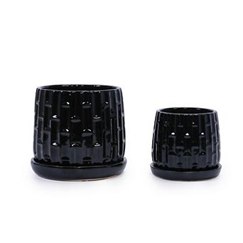 KWPZQEB Bamboo-like Pattern Handmade Glazed Ceramic Planter Set of 2 for Indoor, Outdoor