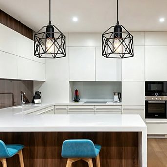 2 Pack Farmhouse Basket Metal Cage Pendant Light Vintage Hanging Ceiling Light for Kitchen & Bar