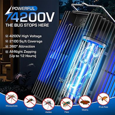 4200V Dual Solar & USB Waterproof Bug Zapper, Auto On/Off, 2100 sq ft