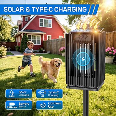 4200V Dual Solar & USB Waterproof Bug Zapper, Auto On/Off, 2100 sq ft