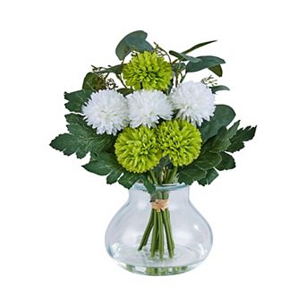 VeriNatural Artificial Chrysanthemum Arrangement in Clear Glass Vase, 12 in Faux Flower Decor