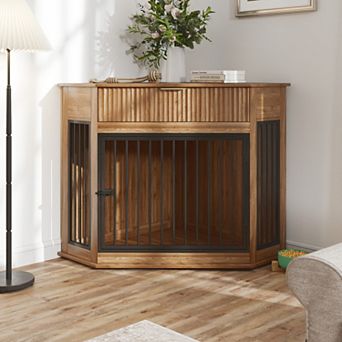 KWPZQEB Dog Crate Furniture for Small/Medium Dogs, Kennel End Table with Fluted Drawer Storage