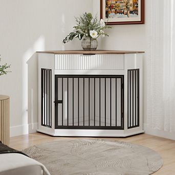 KWPZQEB Dog Crate Furniture for Small/Medium Dogs, Kennel End Table with Fluted Drawer Storage