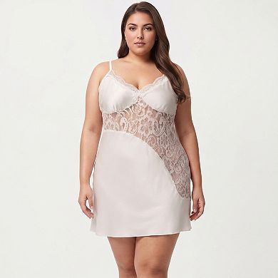 Women's Plus Size Lace Panel Chemise Slip Dress Adjustable Strap Sleepwear