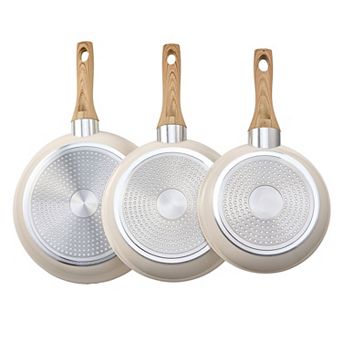 3 pc Frying Pan Aluminum Skillet Set 8 9.5 11 in Handle Pre-Seasoned Beige