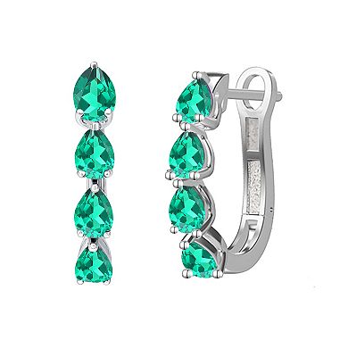 MASTERPIECE Sterling Silver Lab-Created Emerald Pear Hoop Earrings