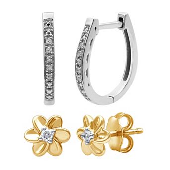 Diamond Essentials Lab Grown Diamond Accent Hoop & Flower Stud Earring Set