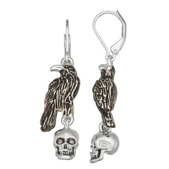 Napier Silver Tone Skull & Crow Drop Earrings