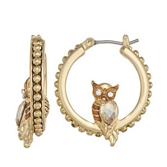 Napier Gold Tone Owl Hoop Earrings