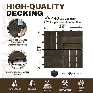 Loheer 30 PCS Acacia Wood Interlocking Deck Tiles Checker Pattern Outdoor Flooring for Patio