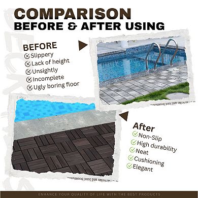 Loheer 30 PCS Acacia Wood Interlocking Deck Tiles Checker Pattern Outdoor Flooring for Patio