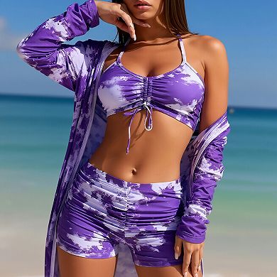 Women's 3 Piece Tie Dye Bikini Swimsuit with Long Sleeve Cover Up, Tank Top Bathing Suit