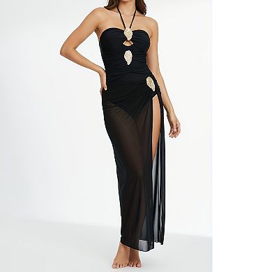 Women Halter One Piece Swimsuit with Sheer Wrap Skirt 2 Piece Bathing Suit
