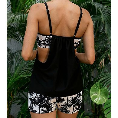 Women Tankini Swimsuit Two Piece with Boyshorts Tropical Print Bathing Suit