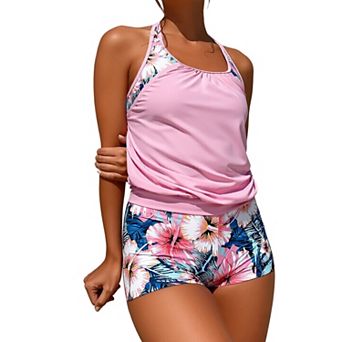 Women Racerback Tankini Swimsuit Two Piece Floral Print Bathing Suit with Shorts