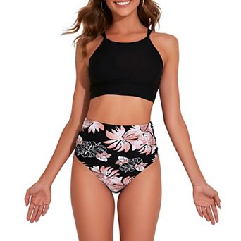 Women High Waisted Floral Bikini Set Sporty Racerback 2 pc Bathing Suit
