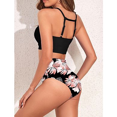 Women High Waisted Floral Bikini Set Sporty Racerback 2 Piece Bathing Suit