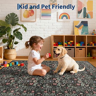 Farmhouse Machine Washable Rug with Rubber Backing Solid Non Shedding Low Pile Thin Foldable Carpet