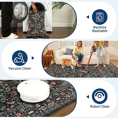 Farmhouse Machine Washable Rug with Rubber Backing Solid Non Shedding Low Pile Thin Foldable Carpet