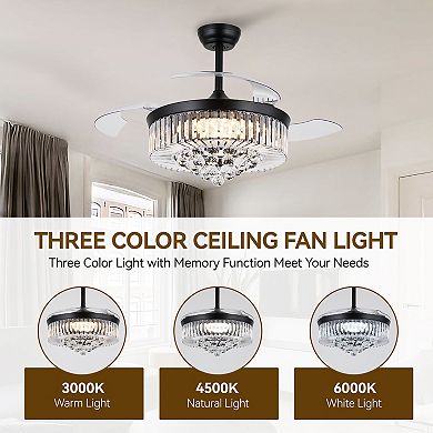 48 Inch Crystal Invisible Ceiling Fan with LED Light DC Motor Remote 6 Speed Reversible