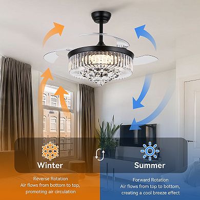 48 Inch Crystal Invisible Ceiling Fan with LED Light DC Motor Remote 6 Speed Reversible