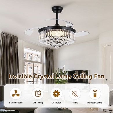 48 Inch Crystal Invisible Ceiling Fan with LED Light DC Motor Remote 6 Speed Reversible