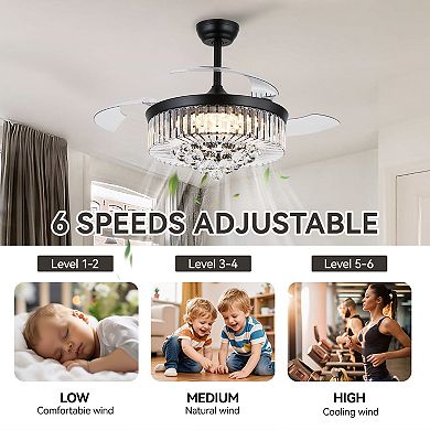 48 Inch Crystal Invisible Ceiling Fan with LED Light DC Motor Remote 6 Speed Reversible
