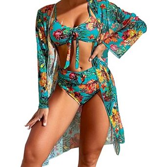 Women's 3 pc Tropical Bikini Set, High Waisted Swimsuit with Long Sleeve Cover Up