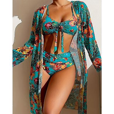 Women's 3 Piece Tropical Bikini Set, High Waisted Swimsuit with Long Sleeve Cover Up