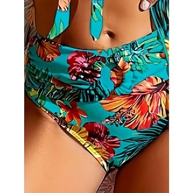 Women's 3 Piece Tropical Bikini Set, High Waisted Swimsuit with Long Sleeve Cover Up