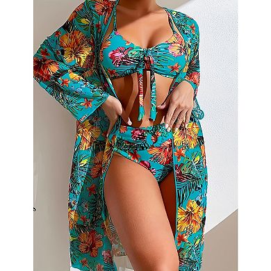Women's 3 Piece Tropical Bikini Set, High Waisted Swimsuit with Long Sleeve Cover Up